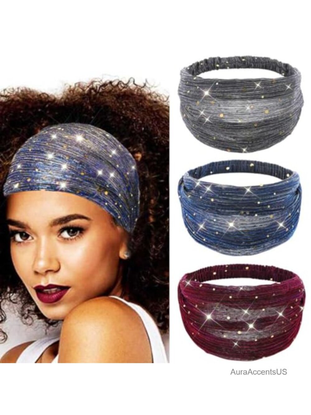 Sequin Wide Headband Set Turban Head Wraps Stretchy Bling Hair Accessories